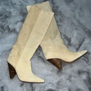 TORAL Knee High Boot in Sand Suede Stacked Triangular Heel Size EU38/US8